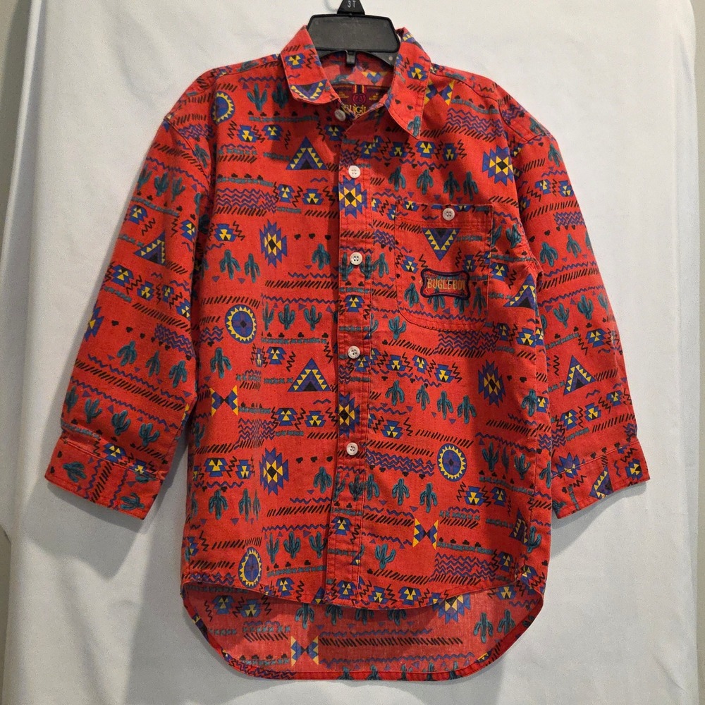 Vtg Bugle Boy XL Southwestern Cactus Aztec Print Long Sleeve Button Up Shirt 90s